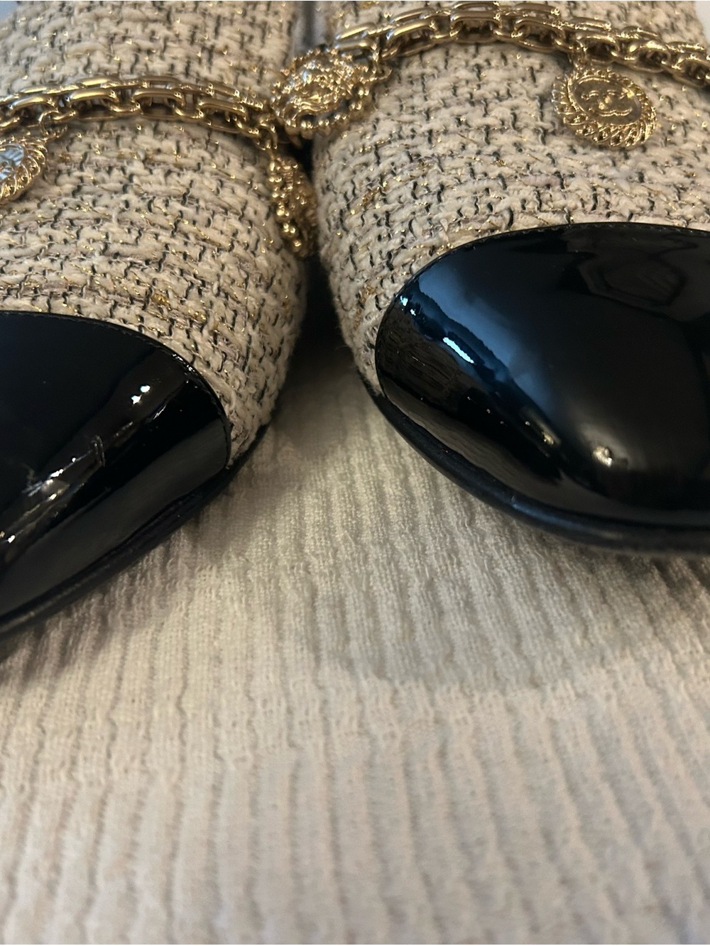 CHANEL Beige Tweed Loafers with Black Patent Cap Toe and Gold Chain Medallions - Picture 8 of 8